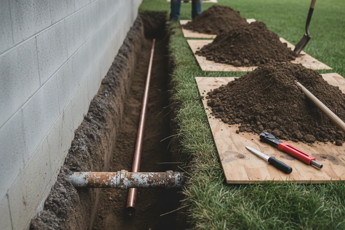 Excavated water line trench during Sewer Line Repair in Sausalito
